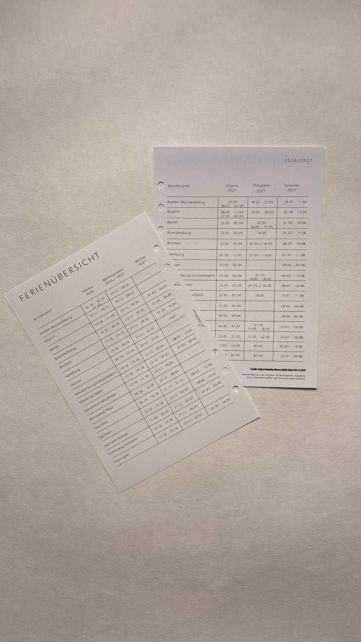 Ferienübersicht 2026 / 2027