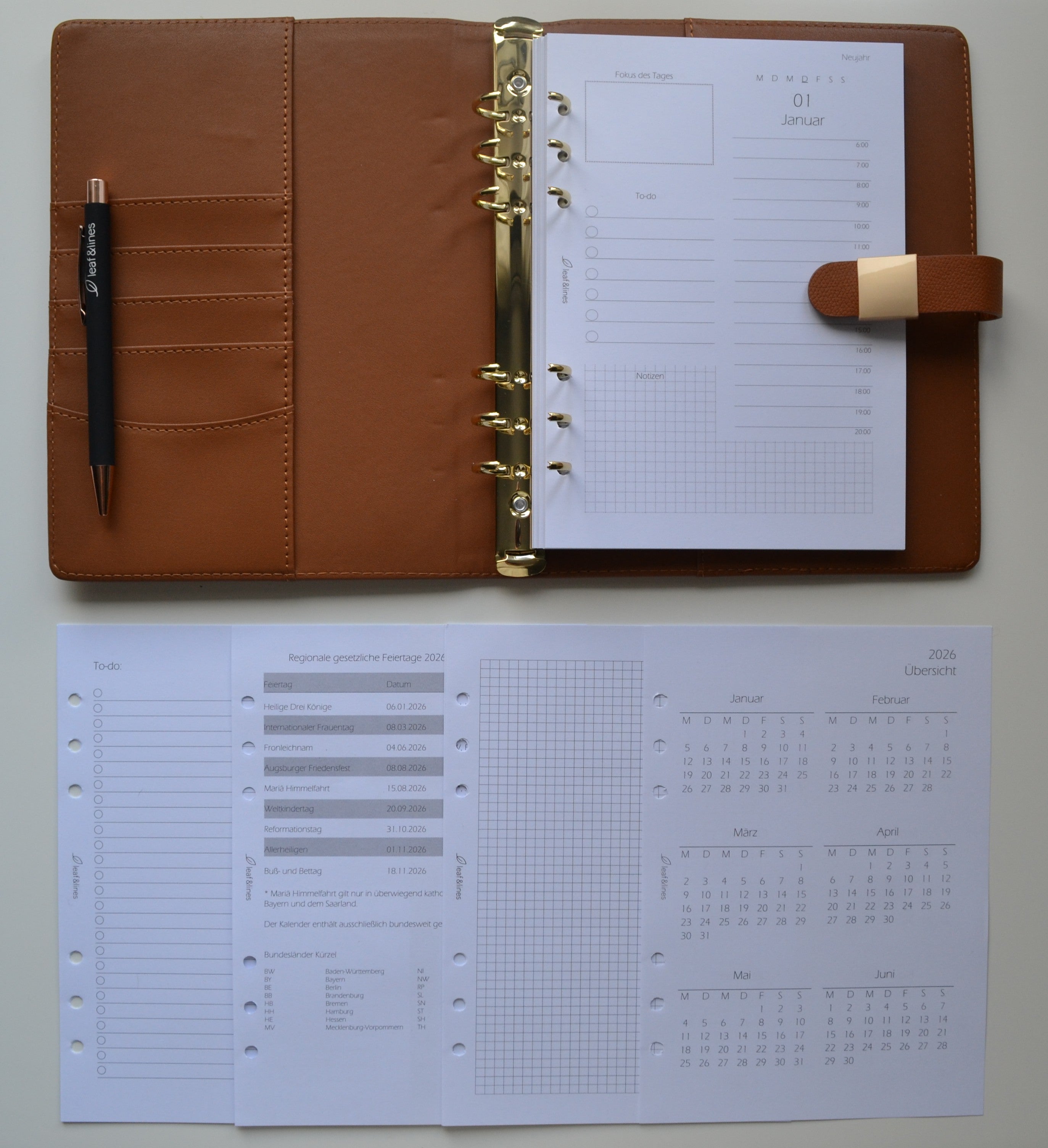 Minimalistisches Ringplaner Set Cognac